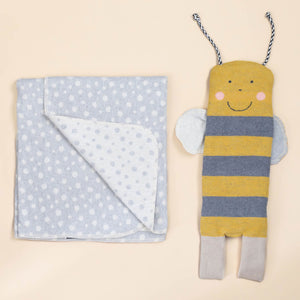 blanket-and-puppet-set-bumblebee-striped-yellow-and-grey-with-black-and-white-antennae-blanket-grey-and-cream-spots
