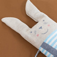Load image into Gallery viewer, blanket-and-puppet-set-bunny-grey-overalls-with-carrot-detail-blue-white-striped-shirt-with-oatmeal-fur-blue-shoes-and-black-and-white-cord-for-arms-detail-of-rosy-cheeks-nose-eyes-smile-and-whiskers