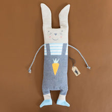 Load image into Gallery viewer, blanket-and-puppet-set-bunny-grey-overalls-with-carrot-detail-blue-white-striped-shirt-with-oatmeal-fur-blue-shoes-and-black-and-white-cord-for-arms