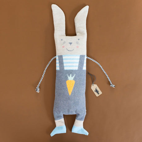 blanket-and-puppet-set-bunny-grey-overalls-with-carrot-detail-blue-white-striped-shirt-with-oatmeal-fur-blue-shoes-and-black-and-white-cord-for-arms