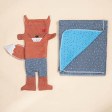 Load image into Gallery viewer, blanket-and-puppet-set-orange-fox-with-snazzy-grey-blue-polka-dot-shorts-and-blanket