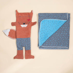 blanket-and-puppet-set-orange-fox-with-snazzy-grey-blue-polka-dot-shorts-and-blanket