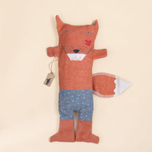 Load image into Gallery viewer, blanket-and-puppet-set-orange-fox-with-snazzy-grey-blue-polka-dot-shorts