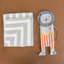 Load image into Gallery viewer, blanket-and-puppet-set-lion-with-orange-and-white-striped-pants-and-black-and-white-corded-arms-with-oatmeal-and-white-striped-blanket