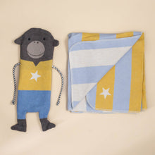 Load image into Gallery viewer, blanket-and-puppet-set-monkey-with-yellow-shirt-with-a-star-blue-denim-colored-pants-black-and-white-corded-arms-blanket-blue-yellow-with-stripes-and-stars