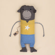 Load image into Gallery viewer, blanket-and-puppet-set-monkey-with-yellow-shirt-with-a-star-blue-denim-colored-pants-black-and-white-corded-arms