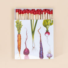 Load image into Gallery viewer, box-full-of-matches-farmers-market-with-carrot-beet-onion-turnip-and-radish-imagery-matches-red-tipped