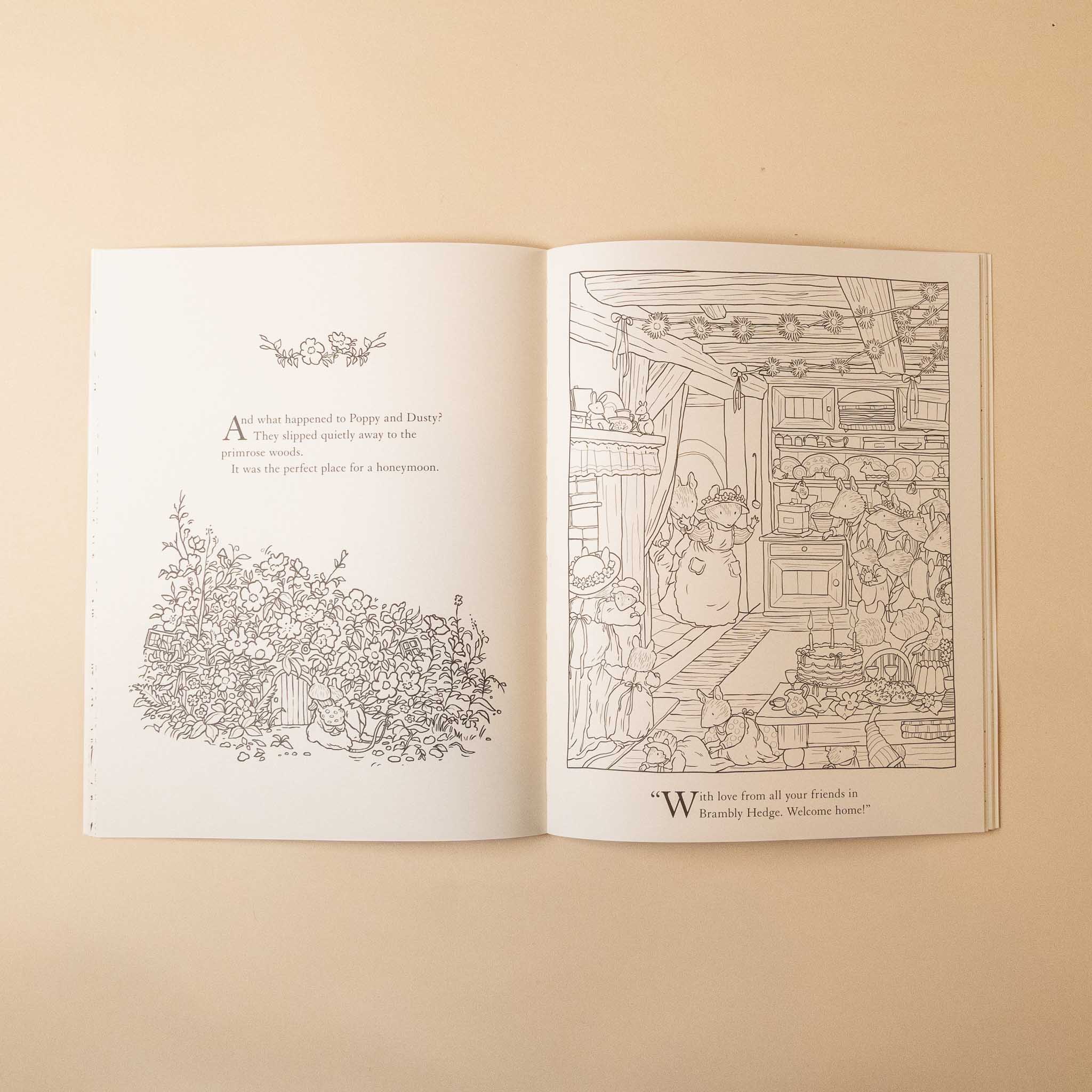 Open brambly-hedge-nature-coloring-book with illustrations on a beige background