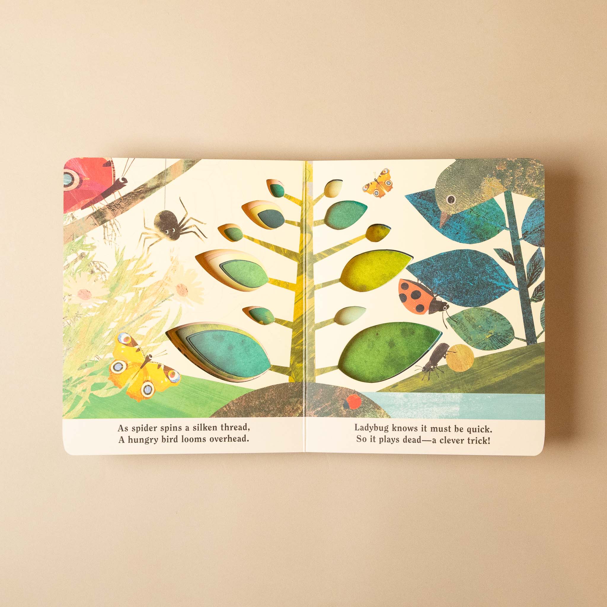 Illustrated children's bugs-a-peek-through-board-book page with nature-themed scene on a beige background