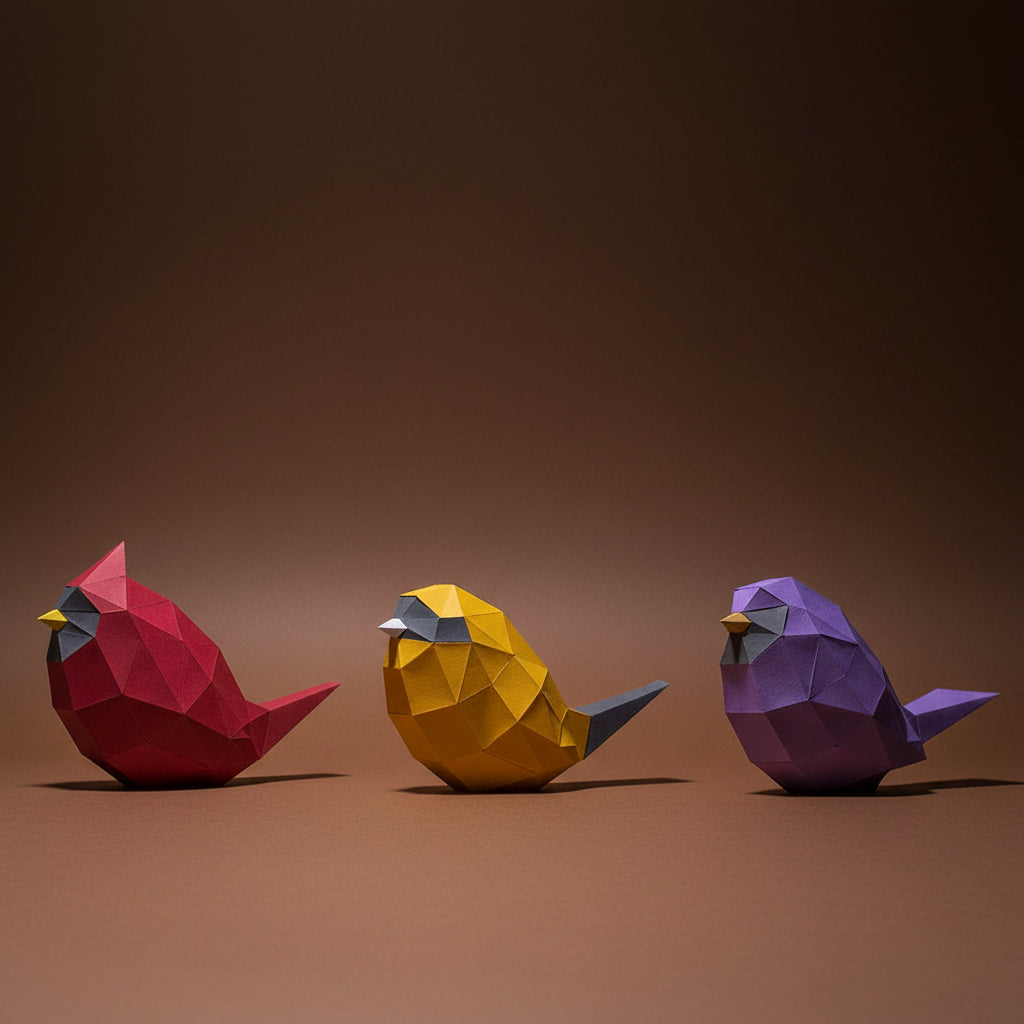 Three geometric bird sculptures in red, yellow, and purple on a gray background