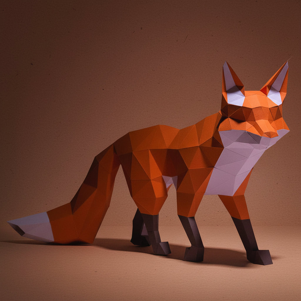 Geometric fox sculpture on a white background