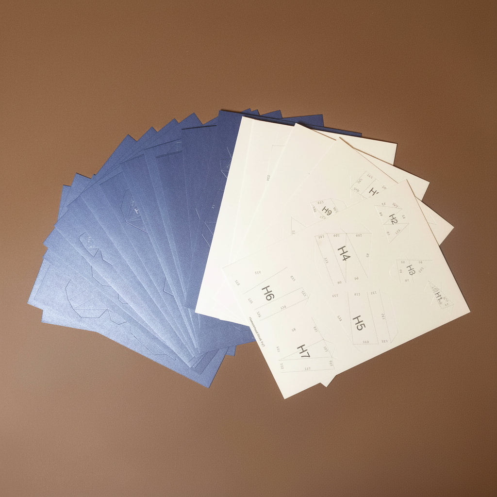 Stack of blue and white sheets on a brown background