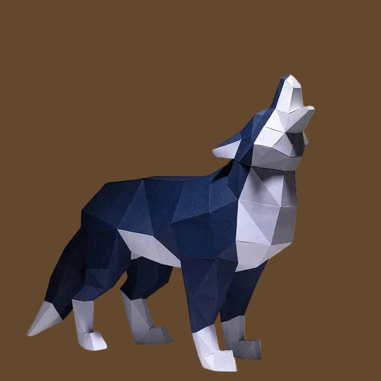Geometric wolf sculpture in blue and gray on a white background