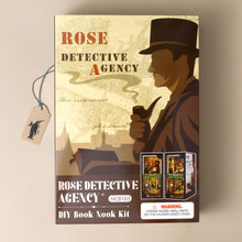 Load image into Gallery viewer, build-your-own-wooden-book-nook-rose-detective-agency-box-cover-with-detective-smoking-pipe-overlooking-city