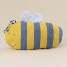 Load image into Gallery viewer, yellow-and-grey-striped-bumble-bee-cushion-pillow-with-white-wings-and-yellow-and-black-corded-antenna