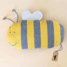 Load image into Gallery viewer, yellow-and-grey-striped-bumble-bee-cushion-pillow-with-white-wings-and-yellow-and-black-corded-antenna