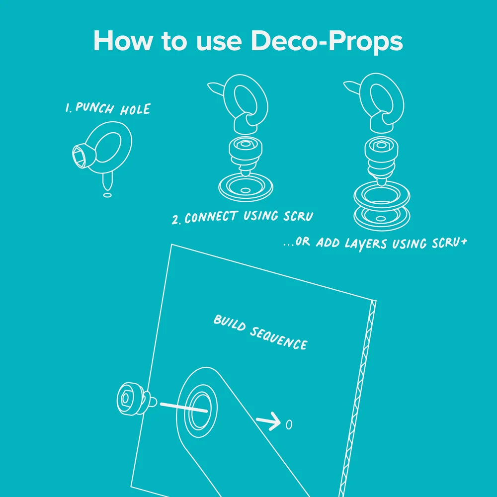 Instructional graphic titled 'How to use Deco-Props' on a bright teal background, showing white line drawings of a prop mounted in a punch hole and connected using a scrú, plus a build sequence diagram.