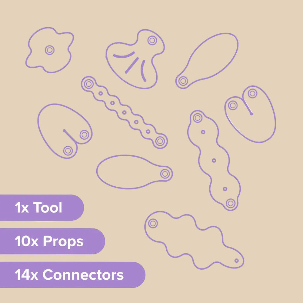A set of purple outline tool templates and connector pieces arranged on a white background, with purple text labels reading '1x Tool', '10x Props', and '14x Connectors'.