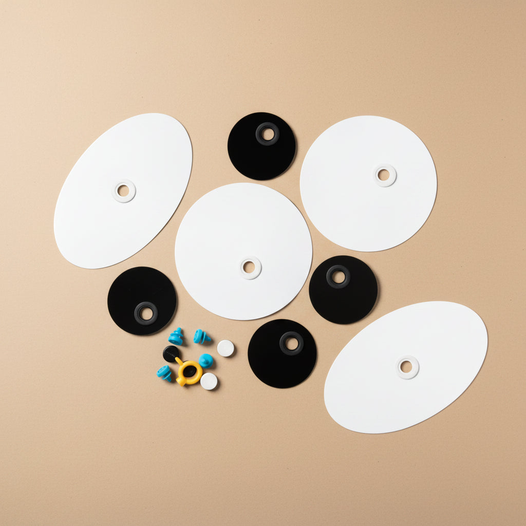 Set of white and black circular components on a white background