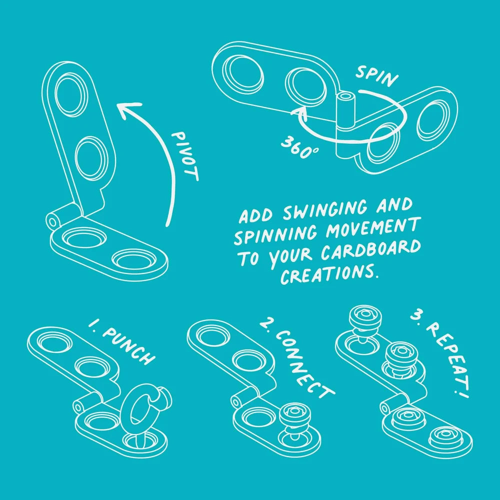 Instructional graphic on a bright teal background showing white line drawings of a cardboard punch tool in use, with arrows labeled pivot, spin, punch, connect, and repeat.