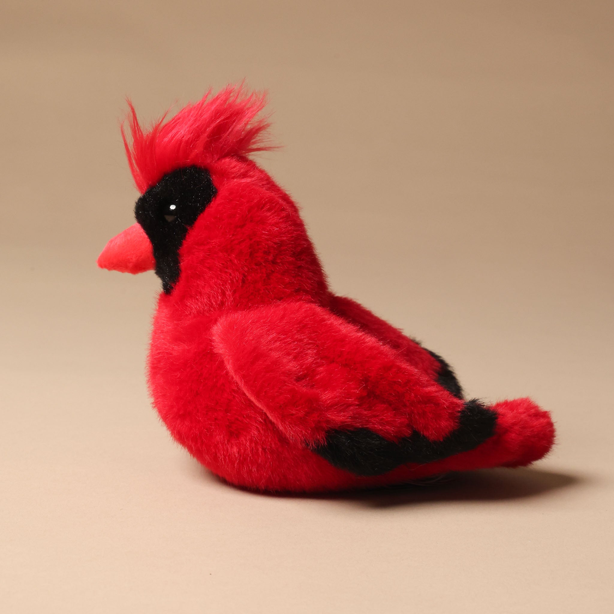 Red plush toy carmine-the-cardinal on a beige background
