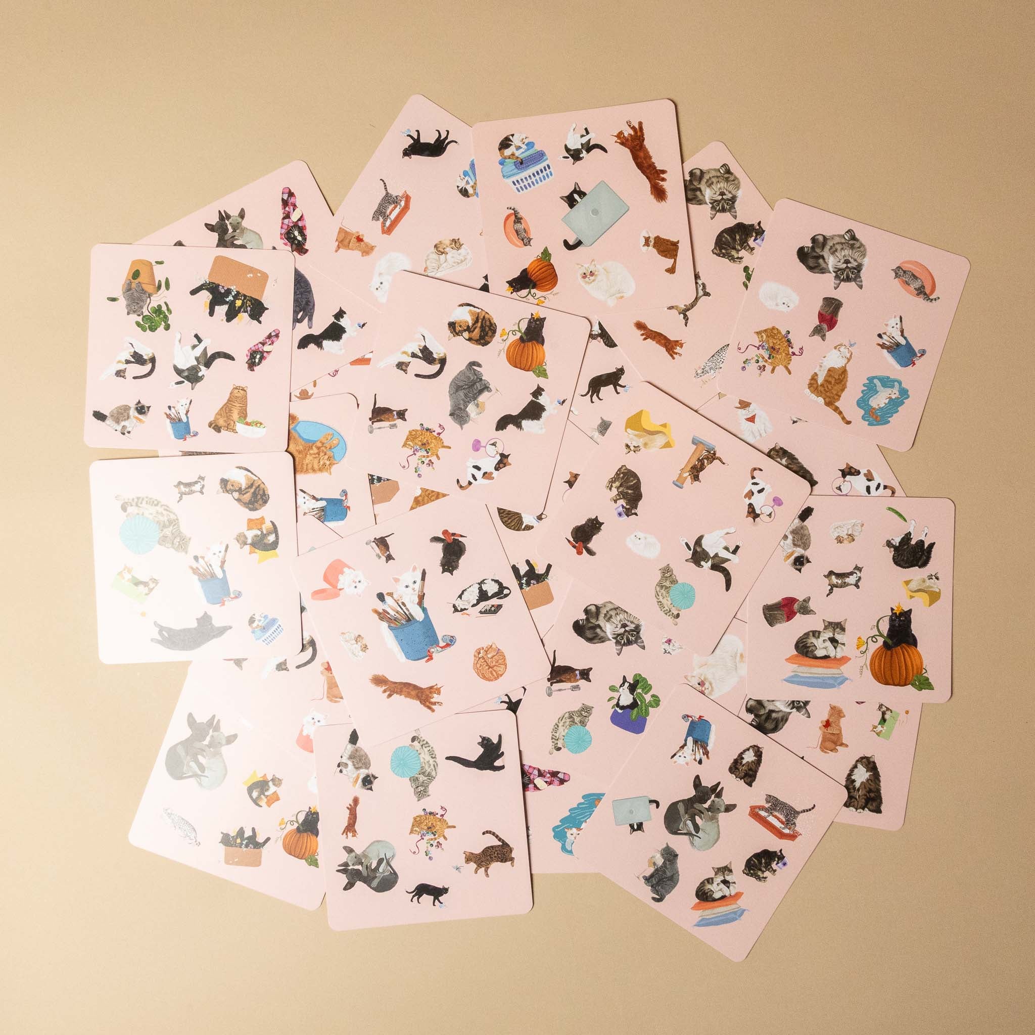 Set of illustrated cards with various animals on a beige background