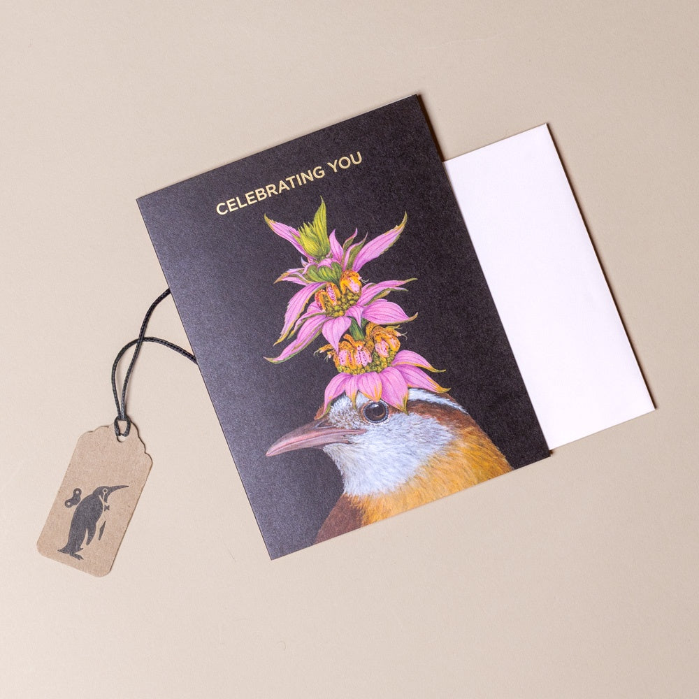celebrating-you-in-style-greeting-card with a bird and flowers design on a beige background