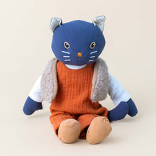 Load image into Gallery viewer, cesar-the-blue-cat-with-cream-shirt-tan-vest-brown-shoes-and-orange-overalls-sitting