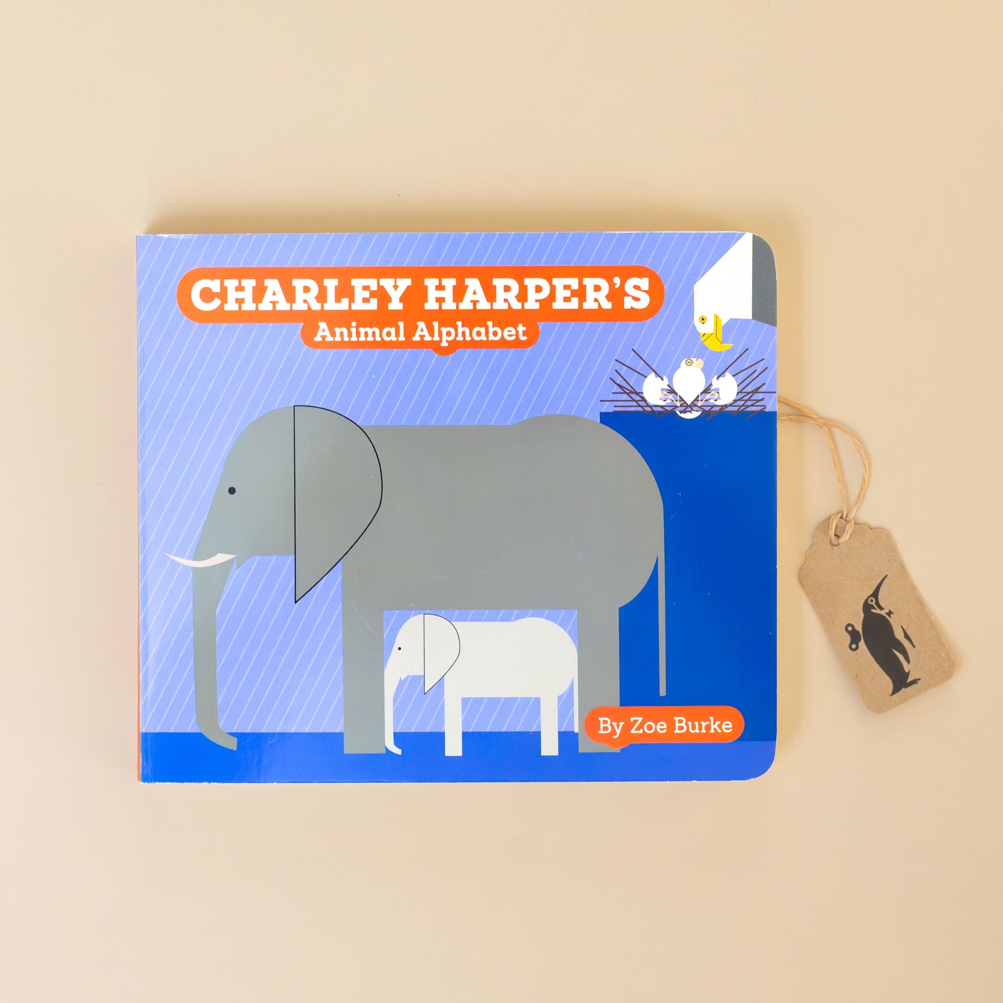 charley-harpers-animal-alphabet-board-book-with-adult-elephant-and-baby-elephant-on-blue-cover-with-eagle-and-eaglets-in-a-nest