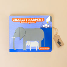 Load image into Gallery viewer, charley-harpers-animal-alphabet-board-book-with-adult-elephant-and-baby-elephant-on-blue-cover-with-eagle-and-eaglets-in-a-nest