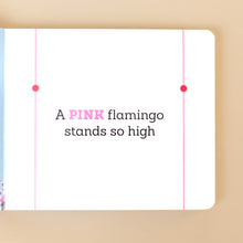 Load image into Gallery viewer, charley-harpers-board-book-of-colors-text-a-pink-flamingo-stands-so-high-with-pink-colored