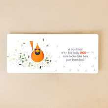 Load image into Gallery viewer, charley-harpers-board-book-of-colors-red-cardinal-illustration-with-text-a-cardinal-with-his-belly-red-sure-looks-like-he&#39;s-been-fed