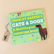 Load image into Gallery viewer, charley-harpers-cats-and-dogs-multilingual-counting-book-green-cover-with-setter-and-calico-cat