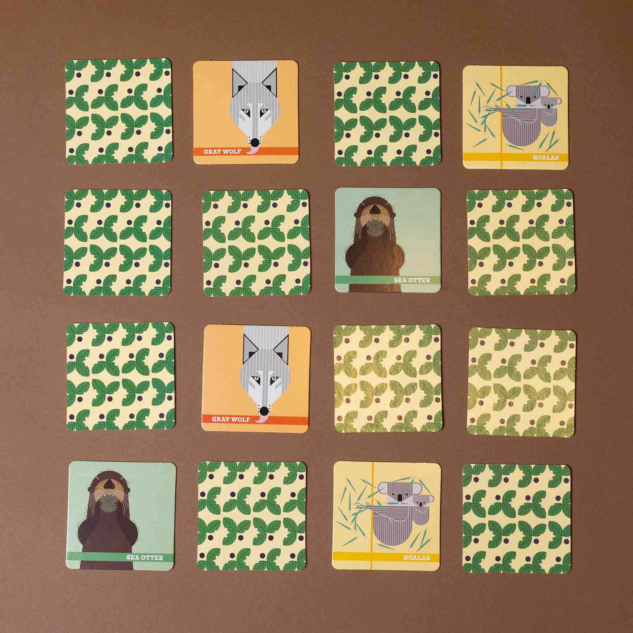charlie-harpers-animal-memory-game Set of cards with animal illustrations on a brown background