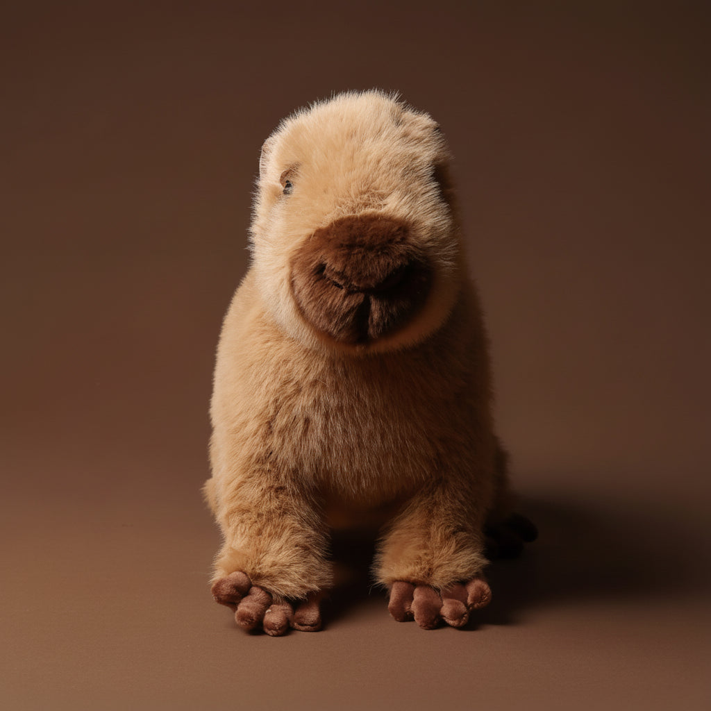Stuffed animal chattie-the-capybara-large on a brown background
