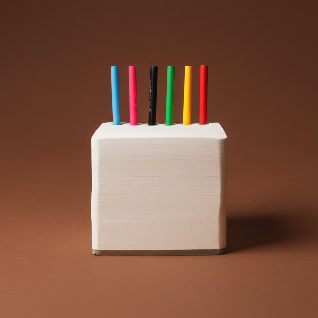 chunky-jotblock-sketch-pad-squared White cube with colorful pencils on a brown background