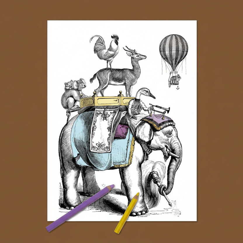 Illustration of an elephant with animals on its back, including a hot air balloon, with two colored pencils in front.