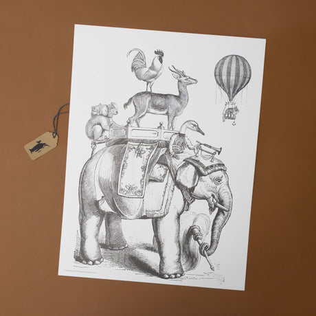 color-your-own-engraving-bon-voyage-elephant-with-duck-monkey-deer-rooster-on-top-with-hamster-in-hot-air-balloon-black-and-white-image