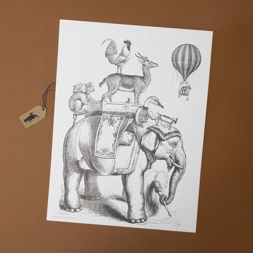 color-your-own-engraving-bon-voyage-elephant-with-duck-monkey-deer-rooster-on-top-with-hamster-in-hot-air-balloon-black-and-white-image