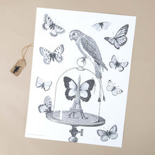 Load image into Gallery viewer, color-your-own-engraving-les-papillons-butterflies-bird-surround-domed-glass-terrarium-housing-eiffel-tower-black-and-white-image