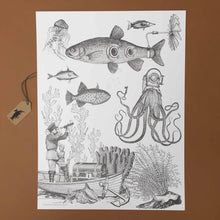 Load image into Gallery viewer, color-your-own-engraving-submarine-with-fish-and-coral-out-of-the-sea-flying-and-observed-by-sailor-with-a-telescope-black-and-white-image