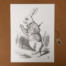 Load image into Gallery viewer, color-your-own-engraving-what-time-is-it-the-white-rabbit-from-alice-in-wonderland-looking-at-his-pocket-watch-black-and-white-image
