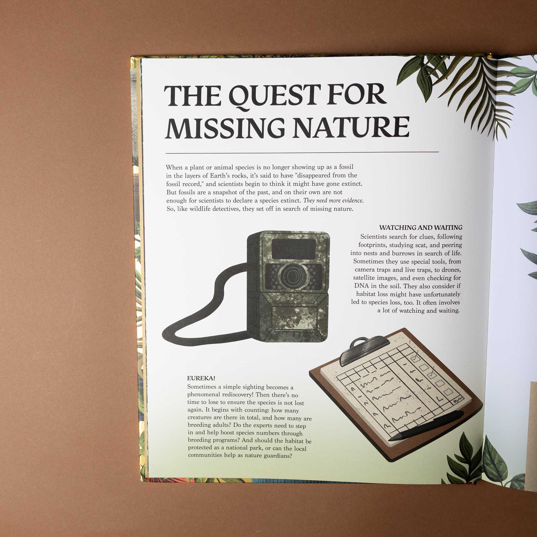 comeback-creatures Book page with text 'The Quest for Missing Nature' and vintage camera illustration on a brown background