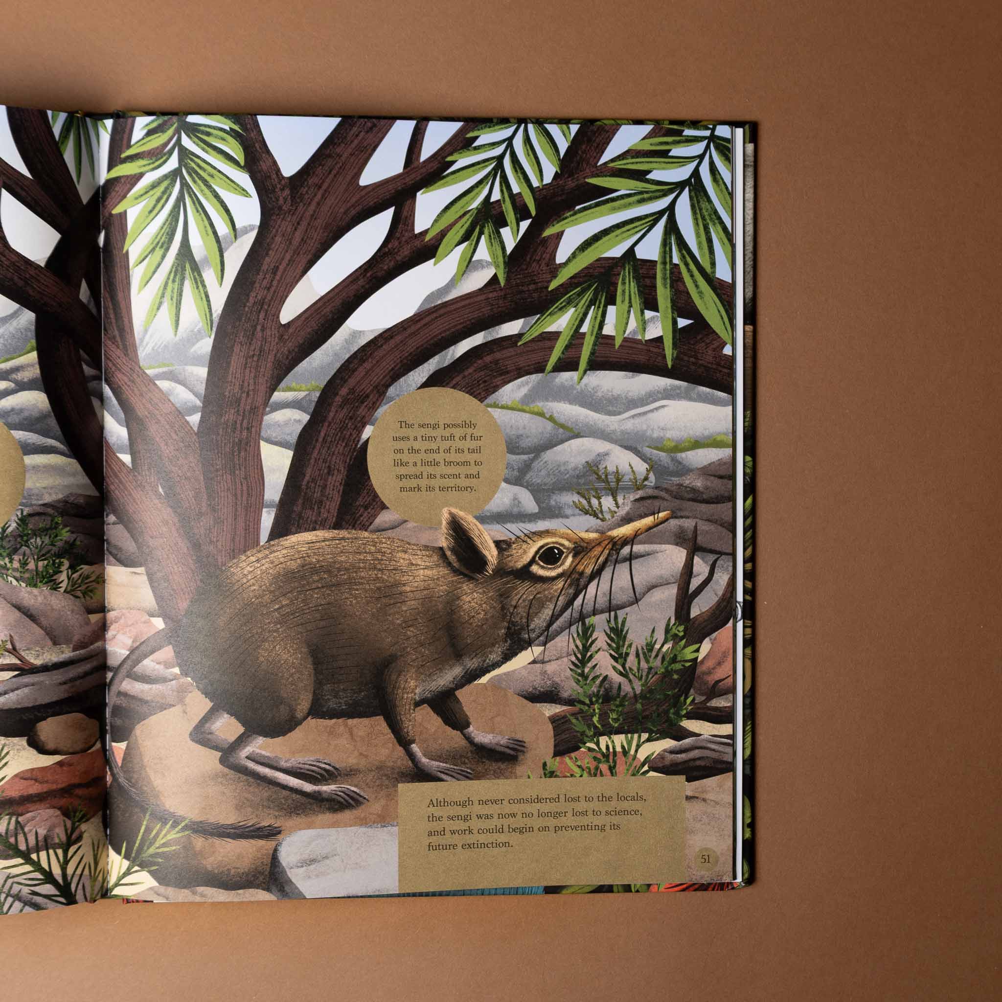 comeback-creatures Illustration of a rodent-like creature in a natural setting with trees and rocks.