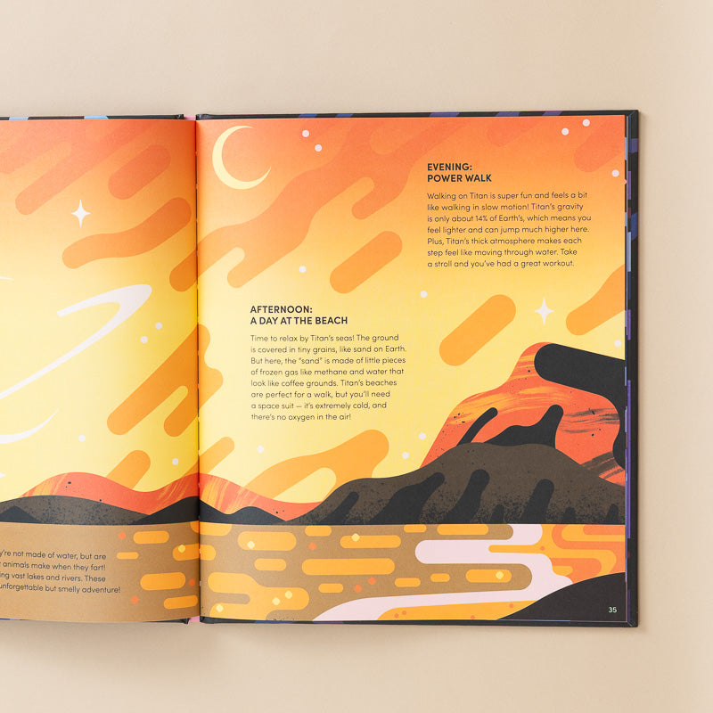 An open book showing two illustrated interior pages with colorful abstract landscape artwork in orange, yellow, pink, and blue, plus two short text poems titled 'EVENING POWER WALK' and 'AFTERNOON A DAY AT THE BEACH'.