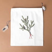 Load image into Gallery viewer, cotton-drawstring-pouch-man-holding-a-sprig-of-spruce