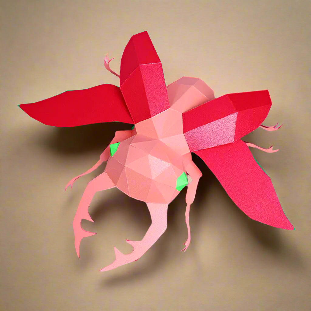 create-your-own-pink-with-green-eyes-3-d-origami-beetle-model-kit-finished-model