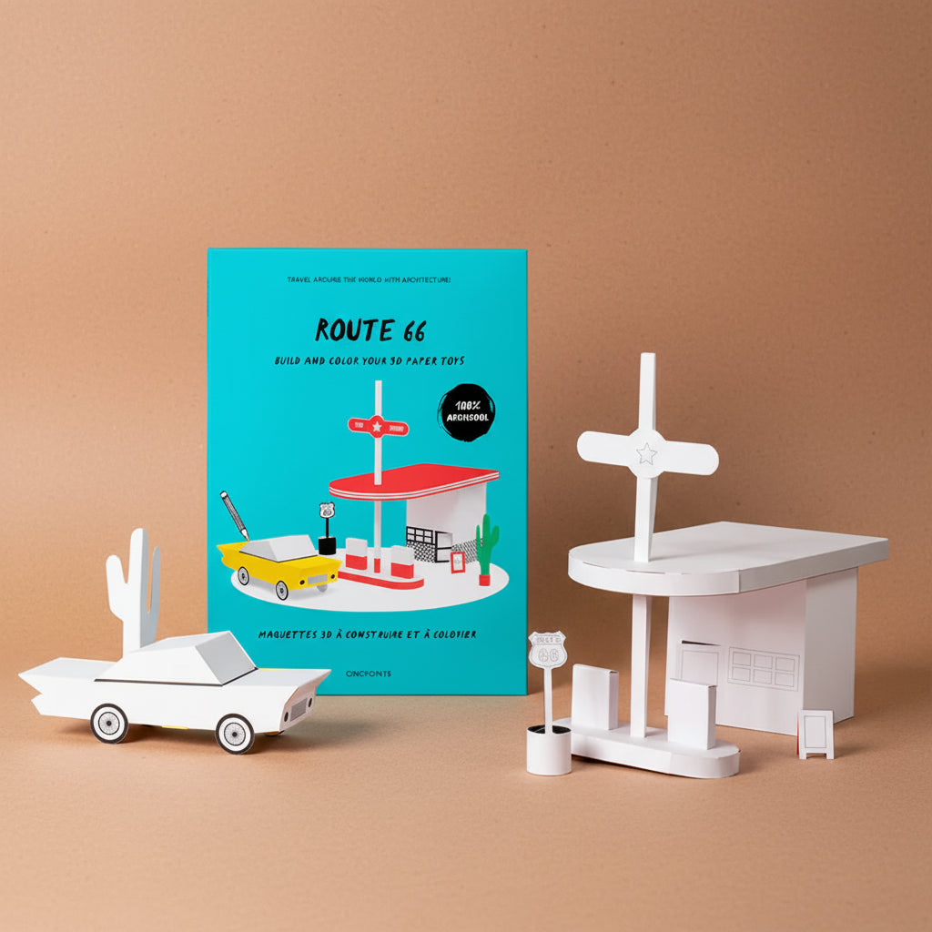 Model of a gas station with a kit titled 'Route 66' on a white background