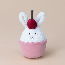 Load image into Gallery viewer, dainty-dessert-bunny-cupcake-stuffed-toy-with-cherry-on-top-with-pink-corded-cupcake-holder