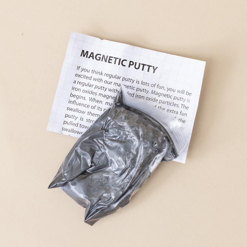 A sealed gray plastic bag of magnetic putty lies on top of a printed card titled "MAGNETIC PUTTY" on a warm beige background.